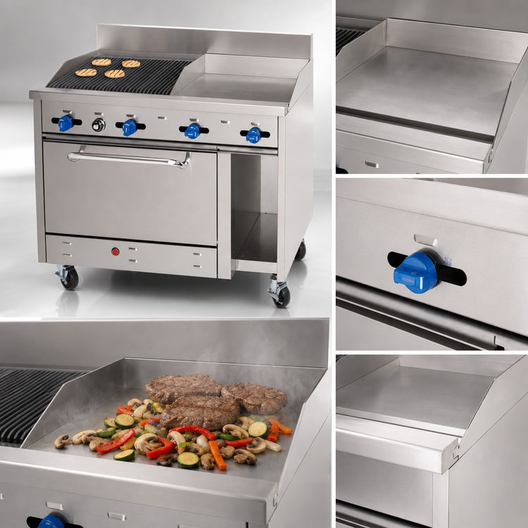 Product image #3 for Comstock-Castle 48-Inch Commercial Gas Range with 18-Inch Griddle, 30-Inch Char-Broiler, 31-Inch Oven, Cabinet Base, and High Backguard