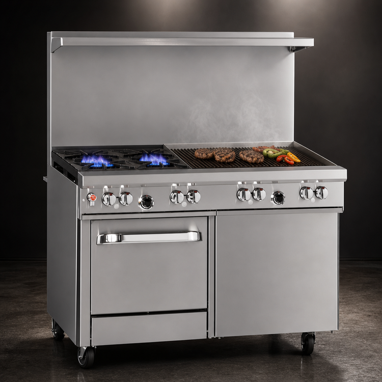Product image #3 for Southbend Ultimate 48-Inch Gas Restaurant Range with 2 Open Burners, 36-Inch Charbroiler, Standard Oven, and Cabinet Base