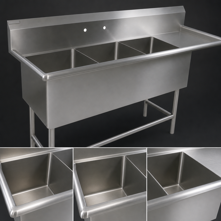 Product image #3 for John Boos Pro-Bowl 3-Compartment Sink with 30-Inch Right Drainboard, 14-Inch Deep Bowls
