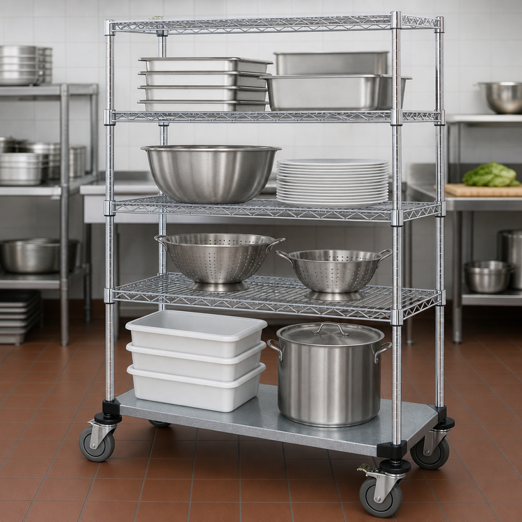 Product image #3 for Quantum 4-Shelf Mobile Wire Shelving Cart, 36" x 24" x 69", Chrome-Plated Finish