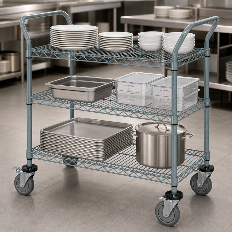 Product image #3 for Quantum WRC-2142GY-3 42-Inch 3-Shelf Wire Utility Bus Cart, 1200-Lb. Capacity, Gray Epoxy Finish