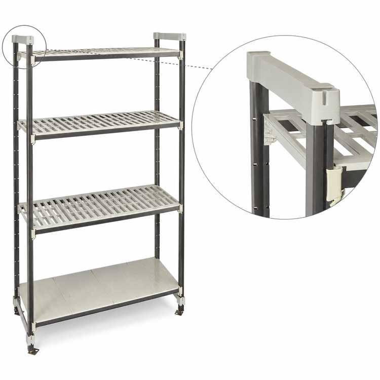 Product image #3 for Cambro Camshelving Elements XTRA High Density Top Rail 4-Tier Stationary Starter Shelving Unit, 18"D x 42"L x 81"H, 3 Vented + 1 Solid