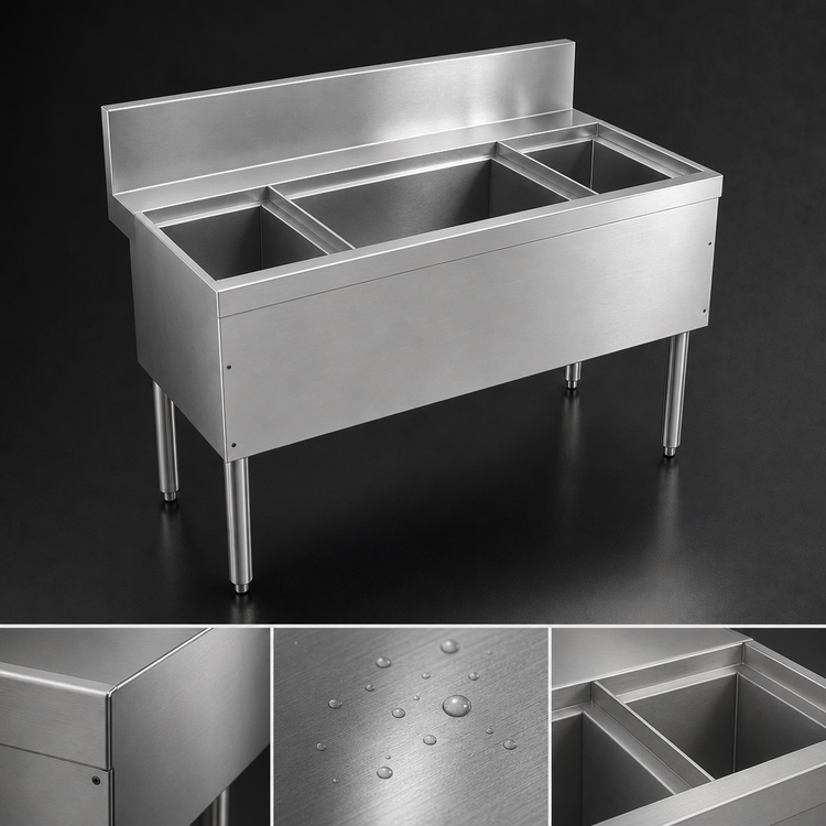 Product image #3 for Advance Tabco Prestige Supreme 60-Inch Underbar Ice Chest with Left and Right Bottle Racks, Stainless Steel, Without Cold Plate