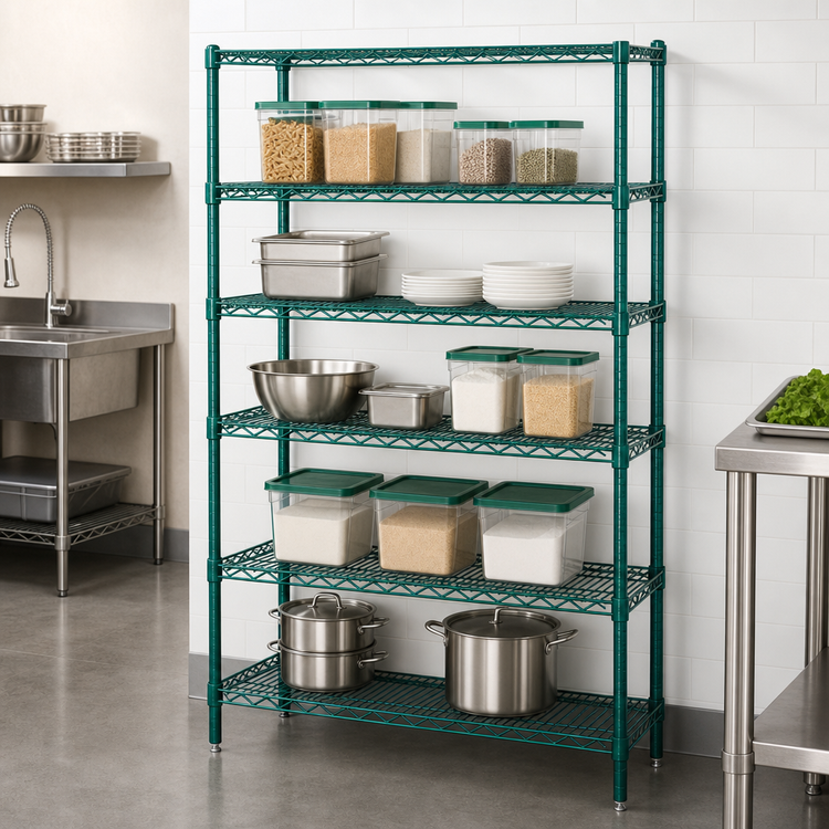 Product image #3 for Quantum 48"W x 12"D x 54"H Stationary Wire Shelving Starter Kit with 5 Shelves, Green Epoxy Finish