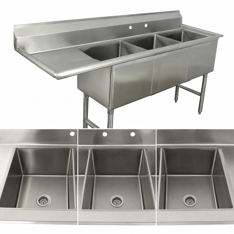 Product image #3 for Advance Tabco 3-Compartment Fabricated Sink with 24-Inch Left-Hand Drainboard, 16-Gauge 304 Stainless Steel