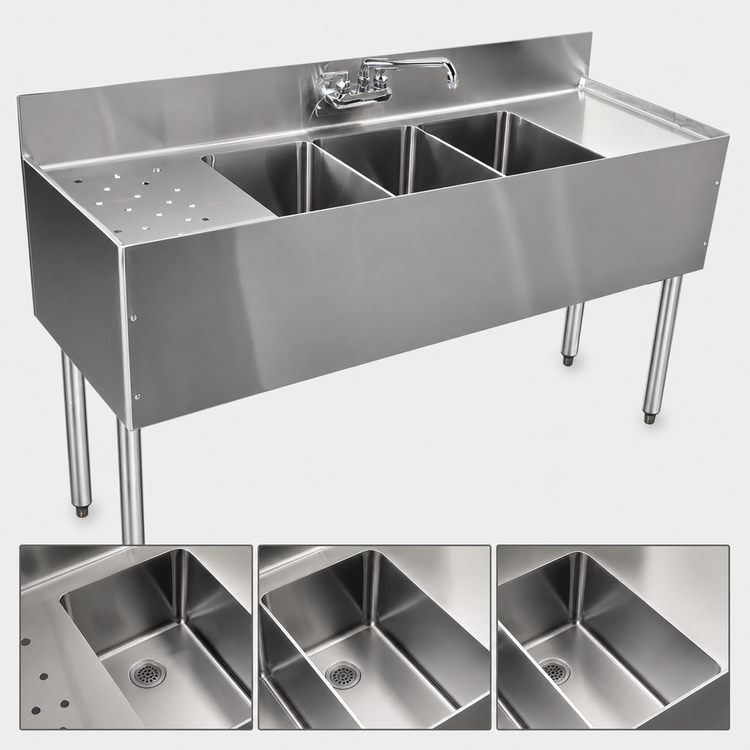 Product image #3 for CHOICE by Glastender 48-Inch Wide Three-Compartment Underbar Sink Unit with Left Drainboard and Deck-Mounted Faucet