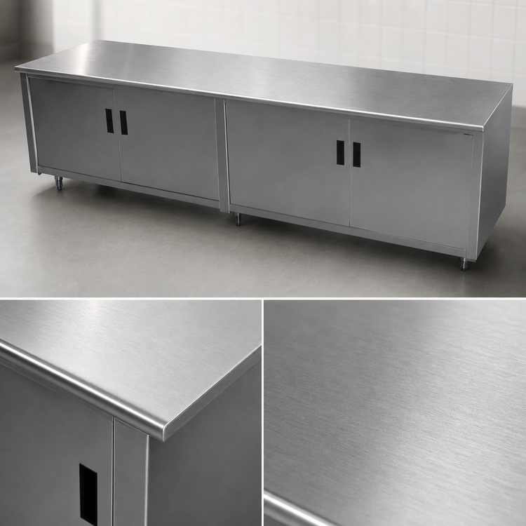 Product image #3 for Advance Tabco Special Value Economy 120-Inch x 24-Inch Stainless Steel Enclosed Work Table with Cabinet Base, Mid-Shelf and Hinged Doors
