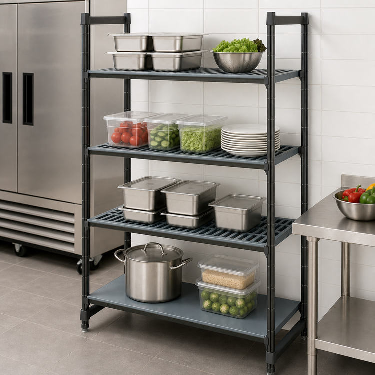 Product image #3 for Cambro Camshelving Basics Plus 4-Tier Stationary Starter Polymer Shelving Unit, 36 Inch Wide x 18 Inch Deep x 72 Inch High, Vented and Solid, Brushed Graphite