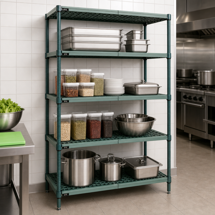 Product image #3 for Quantum 4-Tier Stationary Wire Plastic Mat Shelving Unit, 54 x 14 x 63 Inches, Green Epoxy Coated