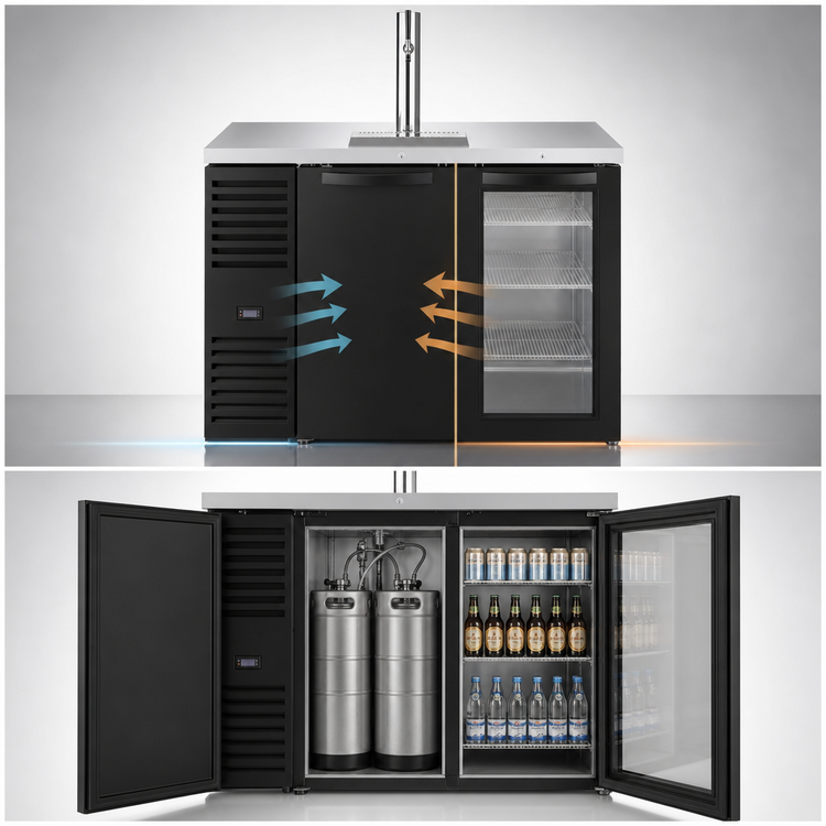 Product image #3 for 52-Inch Wide Two-Section Refrigerated Draft Bar Cooler with Stainless Steel Countertop, Black Exterior, and 1 Beer Column