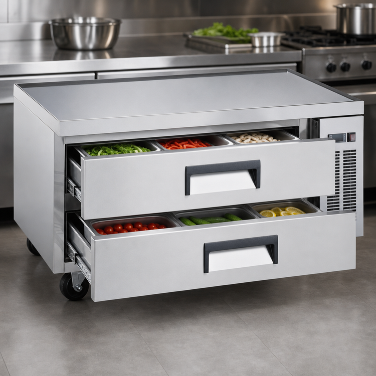 Product image #3 for Hurakan 60-Inch Two-Drawer Chef Base Refrigerator, 12.7 Cu. Ft., Self-Contained Side-Mounted Refrigeration
