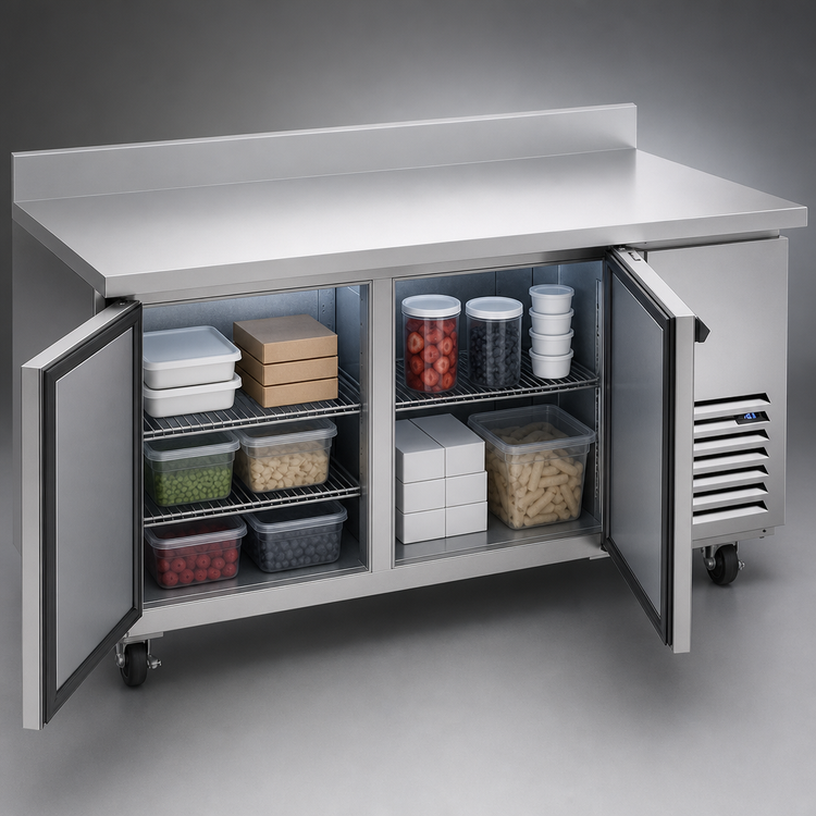 Product image #3 for Beverage-Air 67-Inch Two-Section Worktop Freezer with Solid Doors, Side-Mounted Self-Contained Refrigeration, and 4-Inch Backsplash