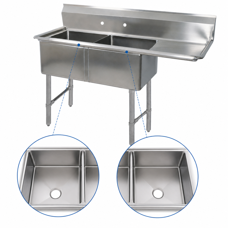 Product image #3 for BK Resources Two-Compartment Stainless Steel Sink with 24-Inch Right Drainboard, 24 x 24 x 14 Bowls, 74-1/2 Inch Wide