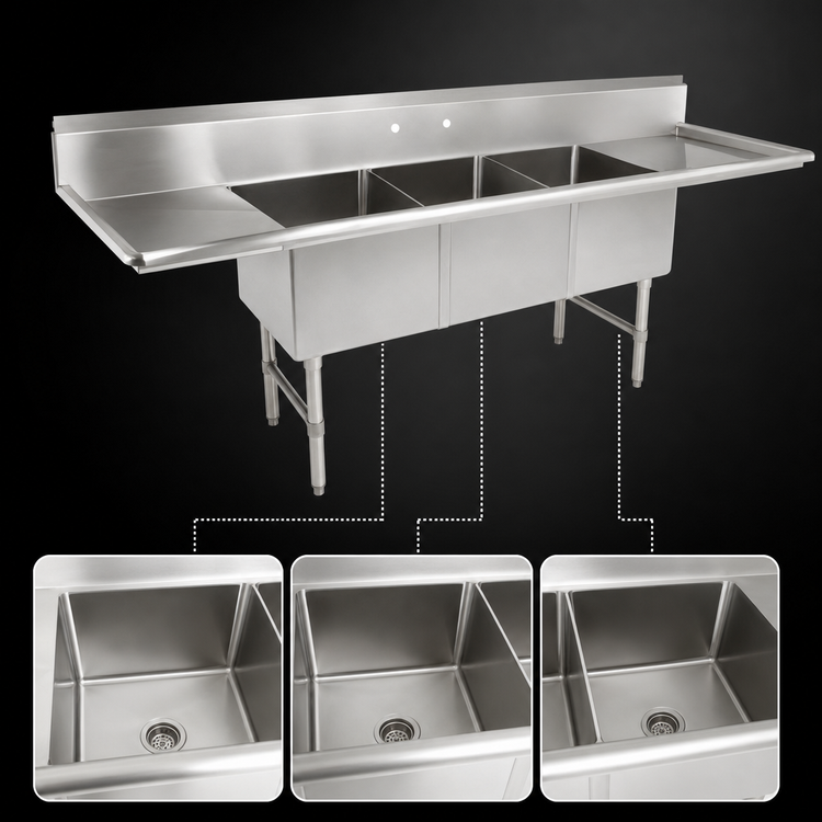 Product image #3 for John Boos B Series 3-Compartment Stainless Steel Sink with Left & Right Drainboards, 105-1/4-Inch Wide