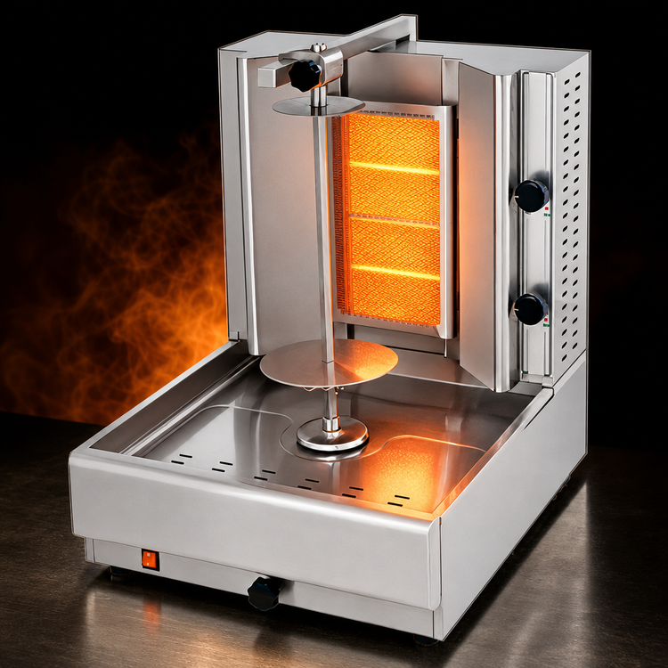 Product image #3 for Visvardis Gas Vertical Broiler Gyro Machine with 110V Enclosed Spit Motor, 40-70 lb Capacity, 24,000 BTU