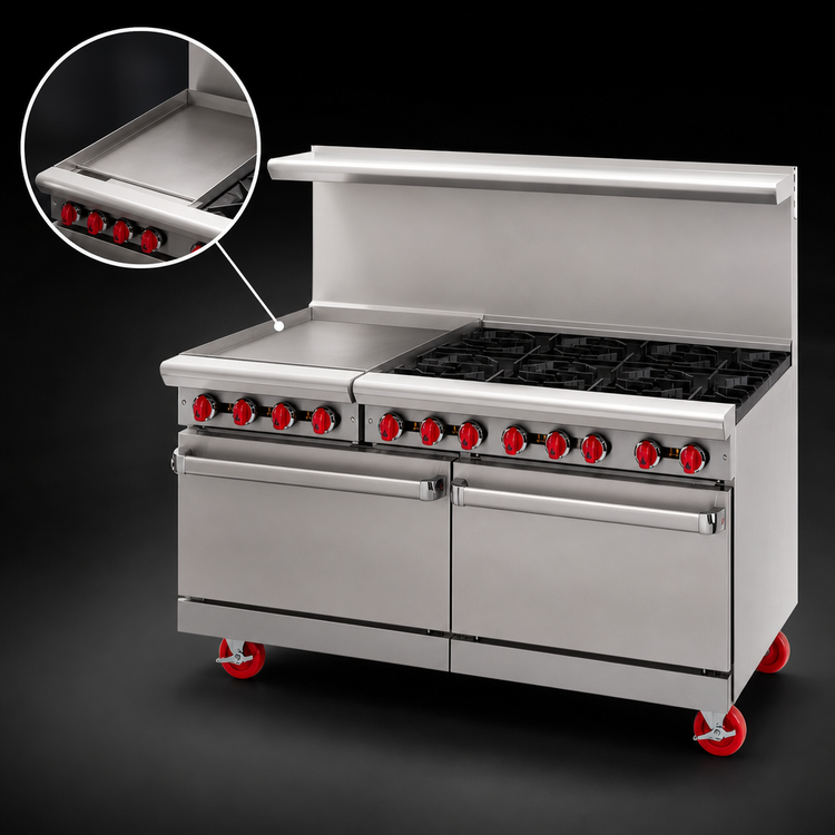 Product image #3 for American Range AR-24G-6B-DSB 60-Inch Gas Restaurant Range with 24-Inch Griddle, 6 Open Burners, and Two Storage Bases