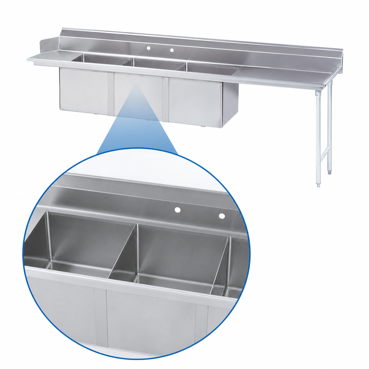 Product image #3 for Advance Tabco 3-Compartment Sink Dishtable with 24" x 24" Bowls and Right-Hand Drainboard, 119"W