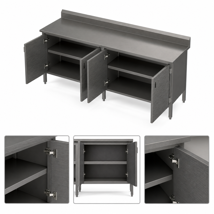 Product image #3 for John Boos Enclosed Base Work Table with Hinged Doors, 144W x 24D, 16-Gauge Stainless Steel Top, 5-Inch Backsplash