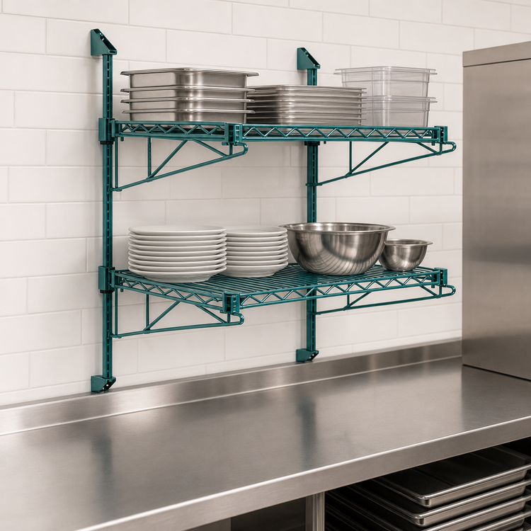 Product image #3 for Quantum Cantilever Double Shelf Wall-Mount Wire Shelving Unit, 54 x 18 Inches, Green Epoxy Antimicrobial Finish