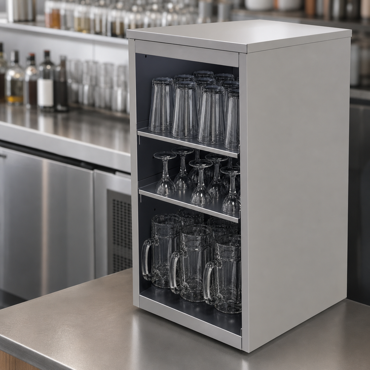 Product image #3 for Glastender Open Front Back Bar Glass Storage Cabinet with 3 Adjustable Shelves, 18 Inch Wide, Stainless Steel