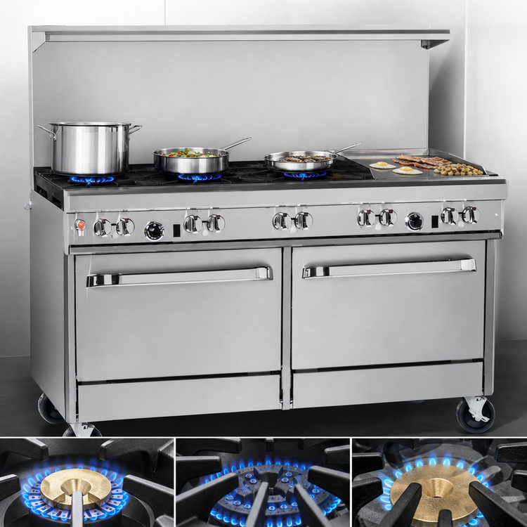Product image #3 for Ultimate 60-Inch Gas Restaurant Range with 3 Star/Sauté Burners, 2 Pyromax Burners, 24-Inch Griddle, and 2 Cabinets