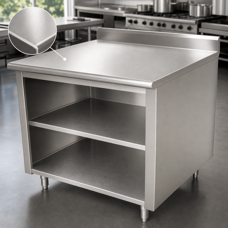 Product image #3 for Advance Tabco 120" x 30" Stainless Steel Work Table with Open Front Cabinet Base, Mid-Shelf, and 5" Backsplash