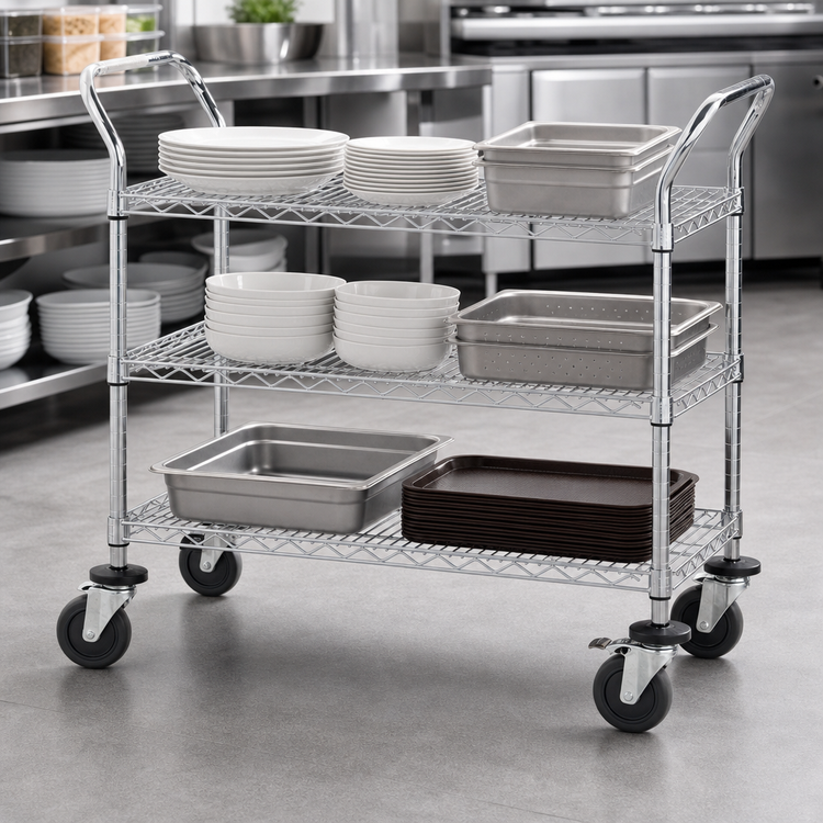 Product image #3 for Quantum 3-Shelf Wire Utility Bus Cart, 42 x 24 Inches, Gray Epoxy Antimicrobial Finish