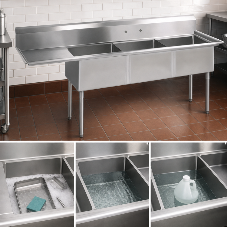 Product image #3 for BK Resources Three-Compartment Stainless Steel Sink with Left Drainboard and 18" x 18" x 12" Bowls
