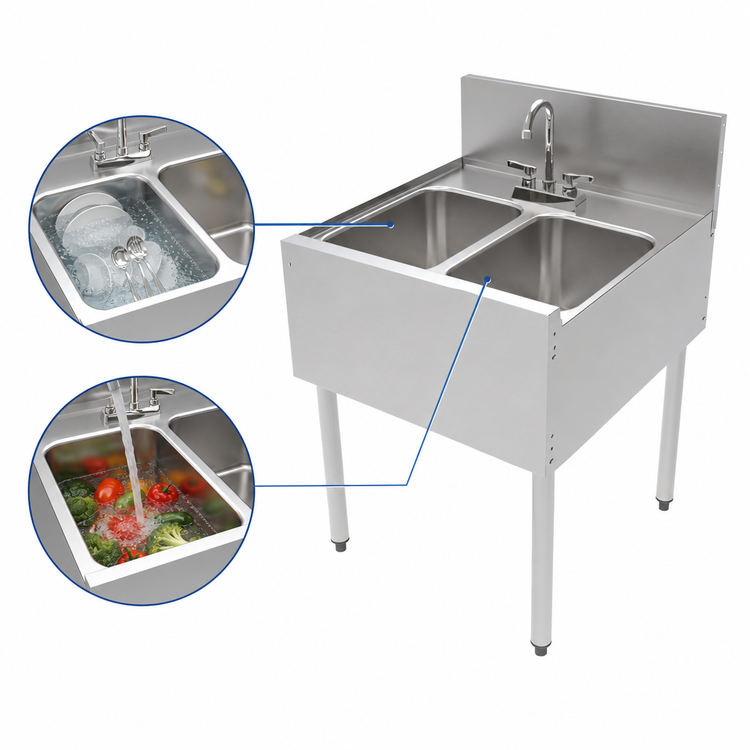 Product image #4 for Top Shelf TSF24M2 Two-Compartment Stainless Steel Underbar Sink Unit with Backsplash, 24 x 24 Inches