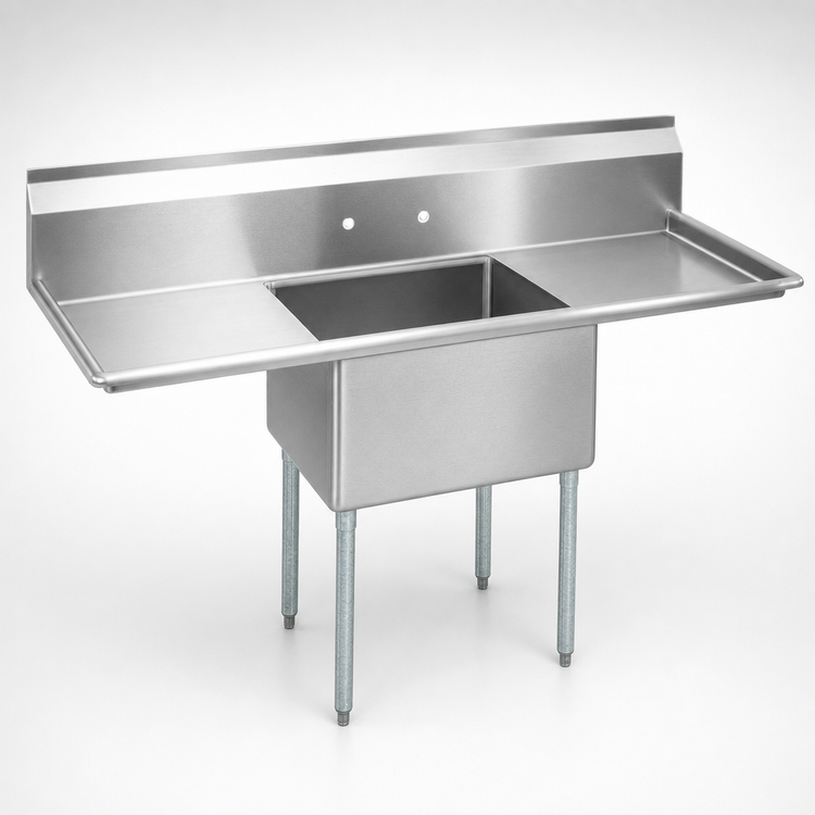 Product image #3 for BK Resources Floor Model One-Compartment Double Drainboard Sink, 18" x 24" Bowl, 9" Backsplash, Galvanized Legs