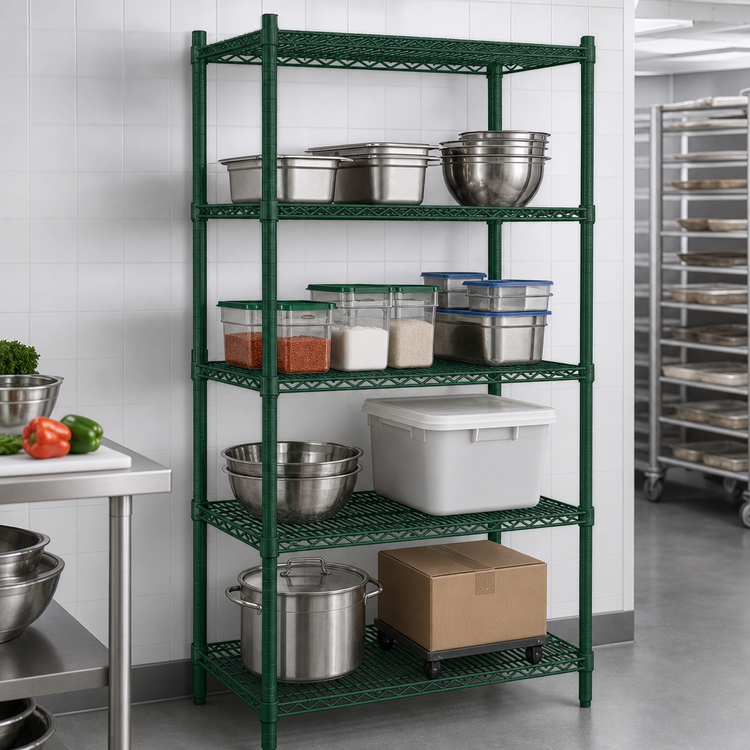 Product image #3 for Omcan USA Stationary 4-Shelf Wire Shelving Unit, 48"W x 24"D x 72"H, Green Epoxy Finish