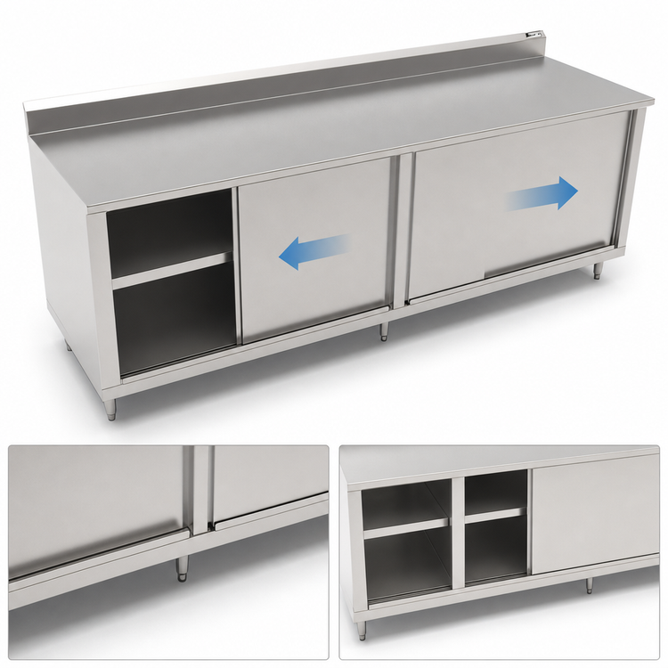 Product image #3 for John Boos Stainless Steel Cabinet Base Work Table with Sliding Doors, 96"W x 36"D, 5" Backsplash