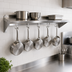 Thumbnail image #3 for John Boos Stallion Commercial Wall-Mounted Stainless Steel Pot Rack Shelf with 6 Hooks, 72 x 18 x 13 Inches