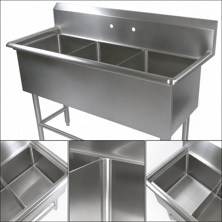 Product image #3 for John Boos Pro-Bowl 3-Compartment Stainless Steel Commercial Sink with 10-Inch Backsplash and Legs