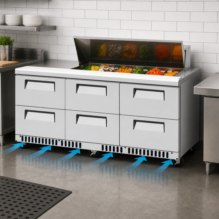 Product image #4 for Turbo Air Super Deluxe Front Breathing 72-5/8-Inch 3-Section Refrigerated Sandwich/Salad Prep Table Workstation with 12 Pans and 6 Drawers