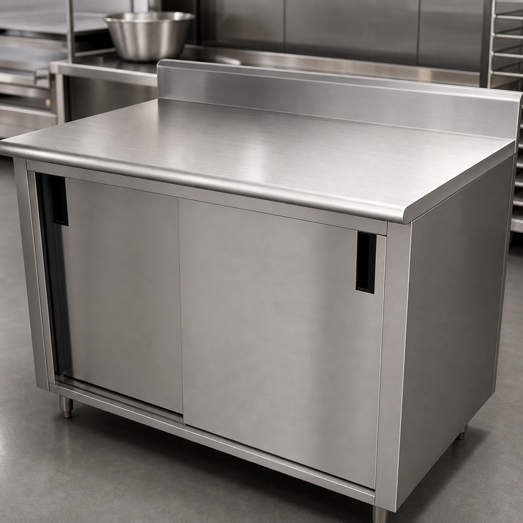 Product image #3 for Advance Tabco Special Value Economy Enclosed Work Table with Cabinet Base, Sliding Doors, Mid-Shelf, 72 x 24 Inch, 16 Gauge 304 Stainless Steel Top, 5 Inch Backsplash