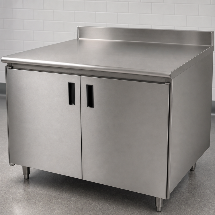 Product image #3 for Advance Tabco Special Value Economy 60 Inch x 30 Inch Enclosed Work Table with Cabinet Base and Sliding Doors, 16 Gauge 304 Stainless Steel Top, 5 Inch Backsplash