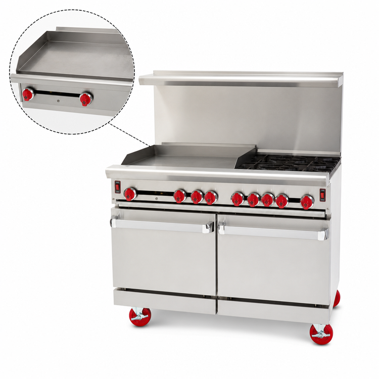 Product image #3 for American Range ARGF-36G-2B 48-Inch Green Flame Commercial Gas Range with Left 36-Inch Griddle, 2 Open Burners, and 2 Space Saver Ovens
