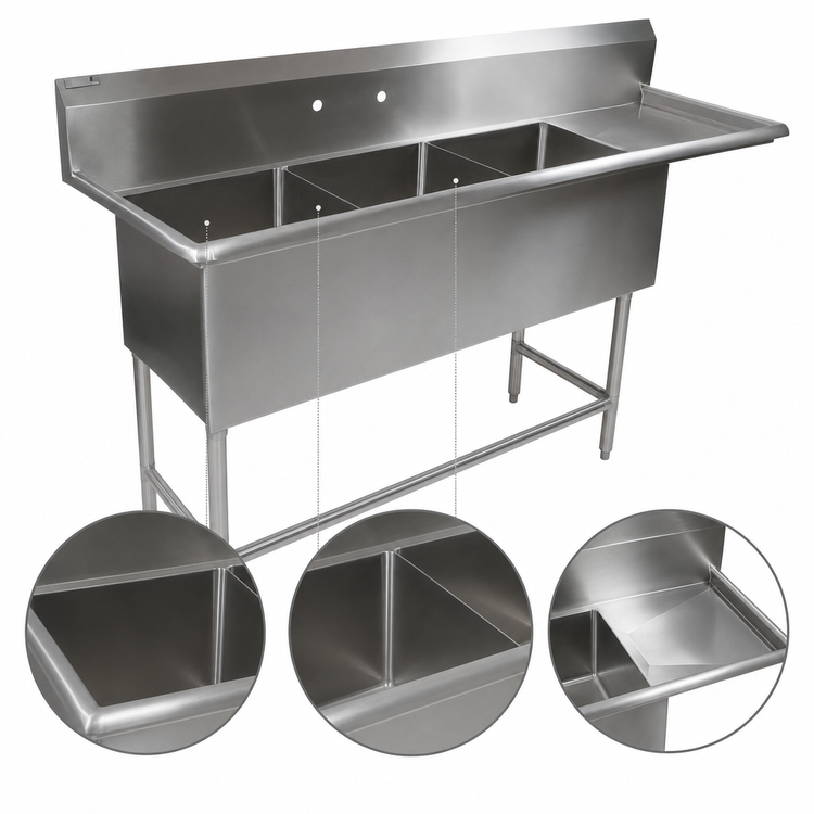 Product image #3 for John Boos Pro-Bowl 3-Compartment Sink with 18-Inch Right Drainboard, 20 x 20 x 12-Inch Bowls