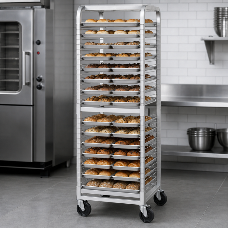 Product image #3 for Channel Manufacturing Aluminum End-Load Wire Slide Bun Pan Rack on 5-Inch Swivel Casters, 18-Pan Capacity