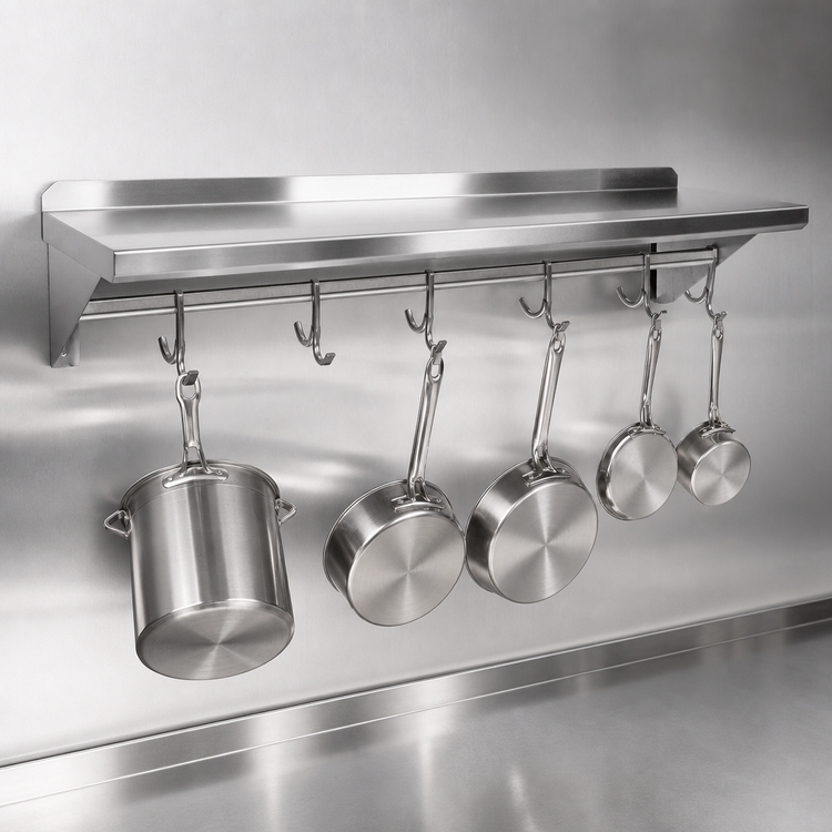 Product image #3 for John Boos Stallion 72-Inch x 16-Inch Wall-Mount Stainless Steel Pot Rack Shelf with 6 Hooks
