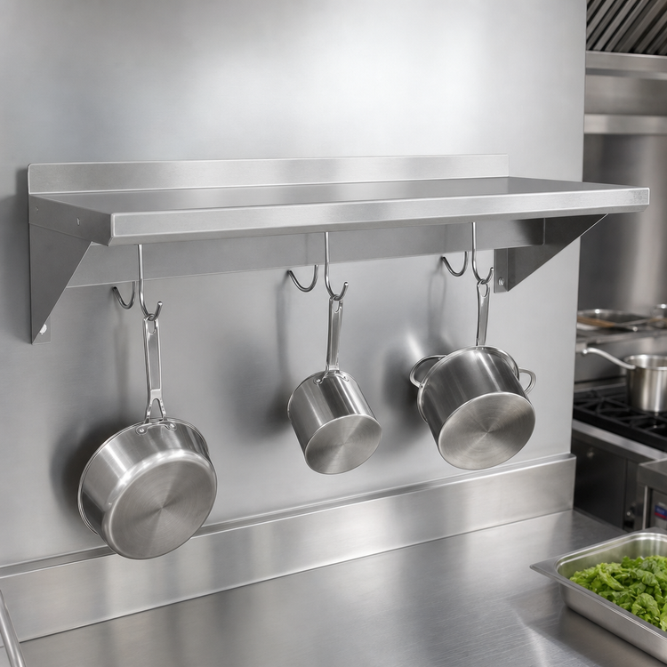 Product image #3 for BK Resources Premium Wall-Mount Overshelf with Pot Rack, 30 in. W x 12 in. D, T-304 Stainless Steel