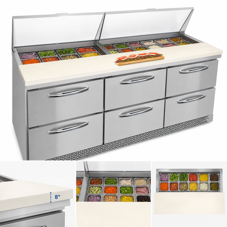 Product image #3 for Continental Refrigerator Designer Line Mighty Top 72" 3-Section Refrigerated Sandwich Prep Table with Drawers