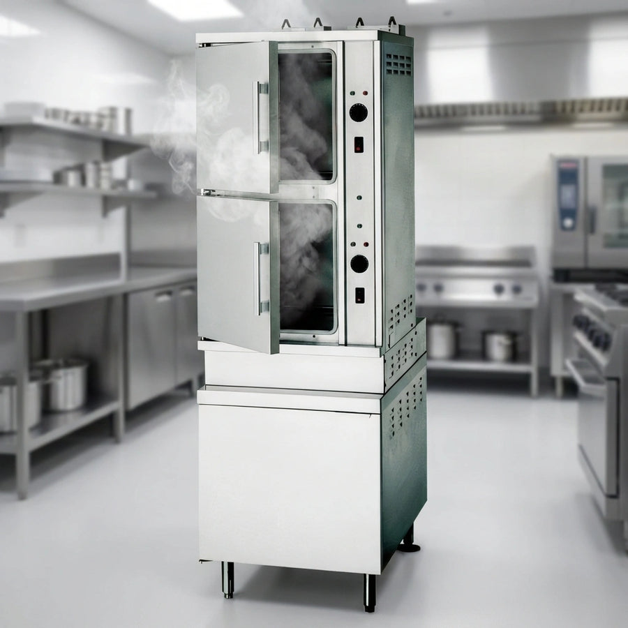 Effortlessly steam different food items simultaneously with this commercial steamer's two spacious, independent compartments.