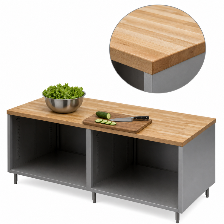 Product image #3 for BK Resources Hard Maple Top Stainless Steel Cabinet Base Chef Table, Open Front, 96"W x 36"D