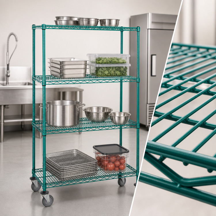 Product image #3 for Quantum 36 x 24 x 80 Inch Mobile Wire Shelving Cart with 4 Shelves, Green Epoxy Finish