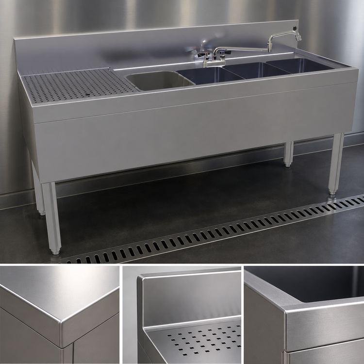 Product image #3 for Glastender Four Compartment Underbar Sink Unit with Left Drainboard and Deck-Mount Faucet, 60"W x 24"D