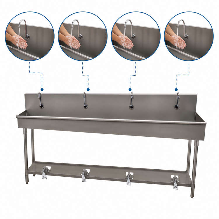 Product image #3 for Advance Tabco 96-Inch Four-Station Floor-Mounted Hand Wash Sink with Toe-Push Valves and Gooseneck Spouts