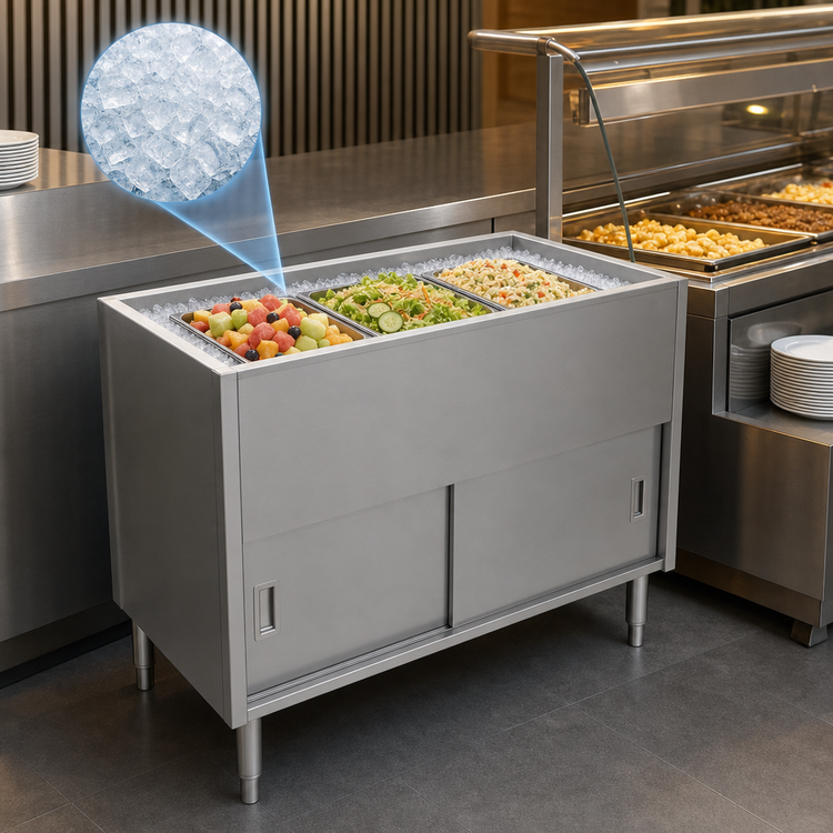 Product image #3 for Spec-Master Stationary Ice-Cooled Cold Food Table with Sliding Doors, 48-Inch Stainless Steel, 3-Pan Capacity