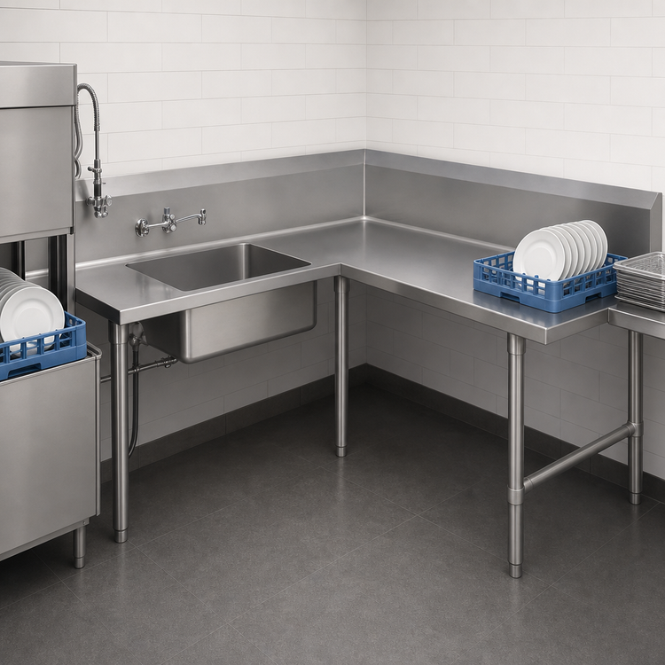 Product image #3 for John Boos Pro-Bowl L-Shaped Corner Soiled Dishtable, 84" Corner-to-End x 60" Machine-to-Corner, Right-to-Left, Single Sink Bowl, 14-Gauge 304 Stainless Steel